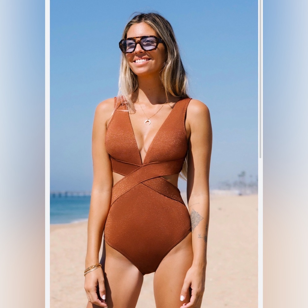 Metallic Plunge Cutout One Piece Swimsuit NWT